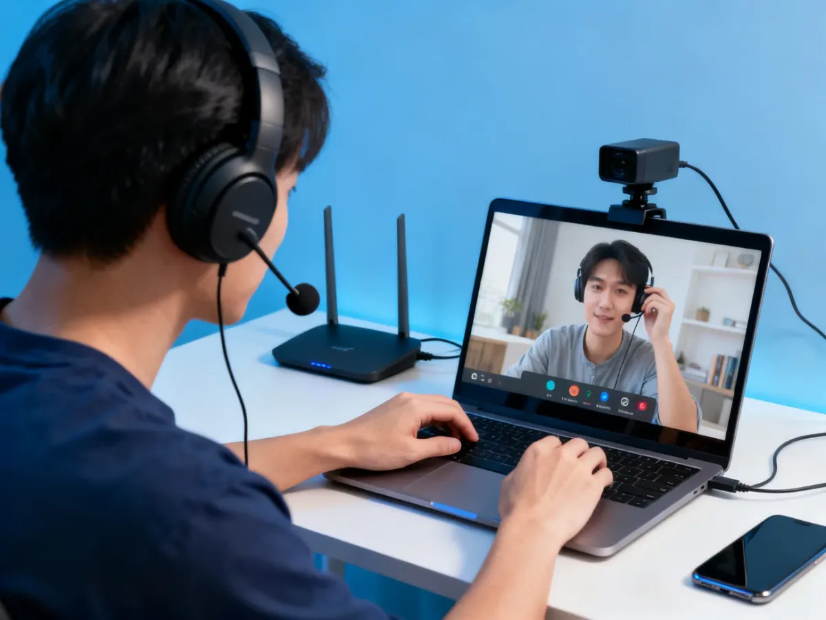 Person testing a laptop video call with a headset and nearby router