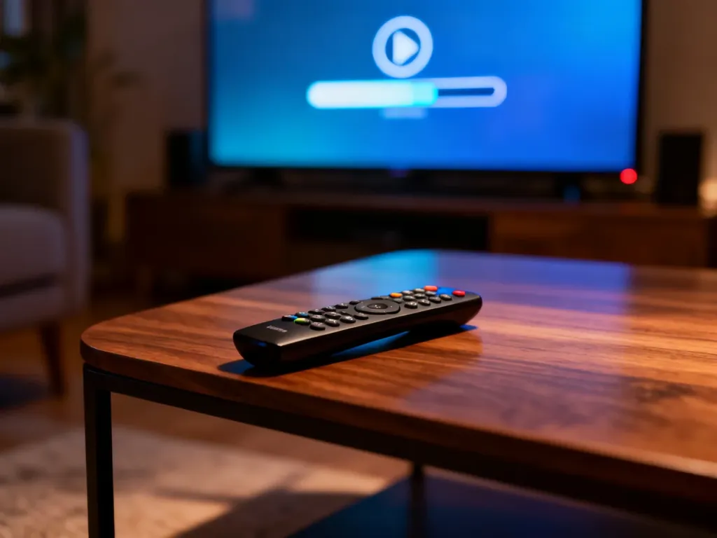 Nowoczesny pilot leżący na drewnianym stoliku przed włączonym telewizorem, na którego ekranie widoczna jest ikona ładowania.