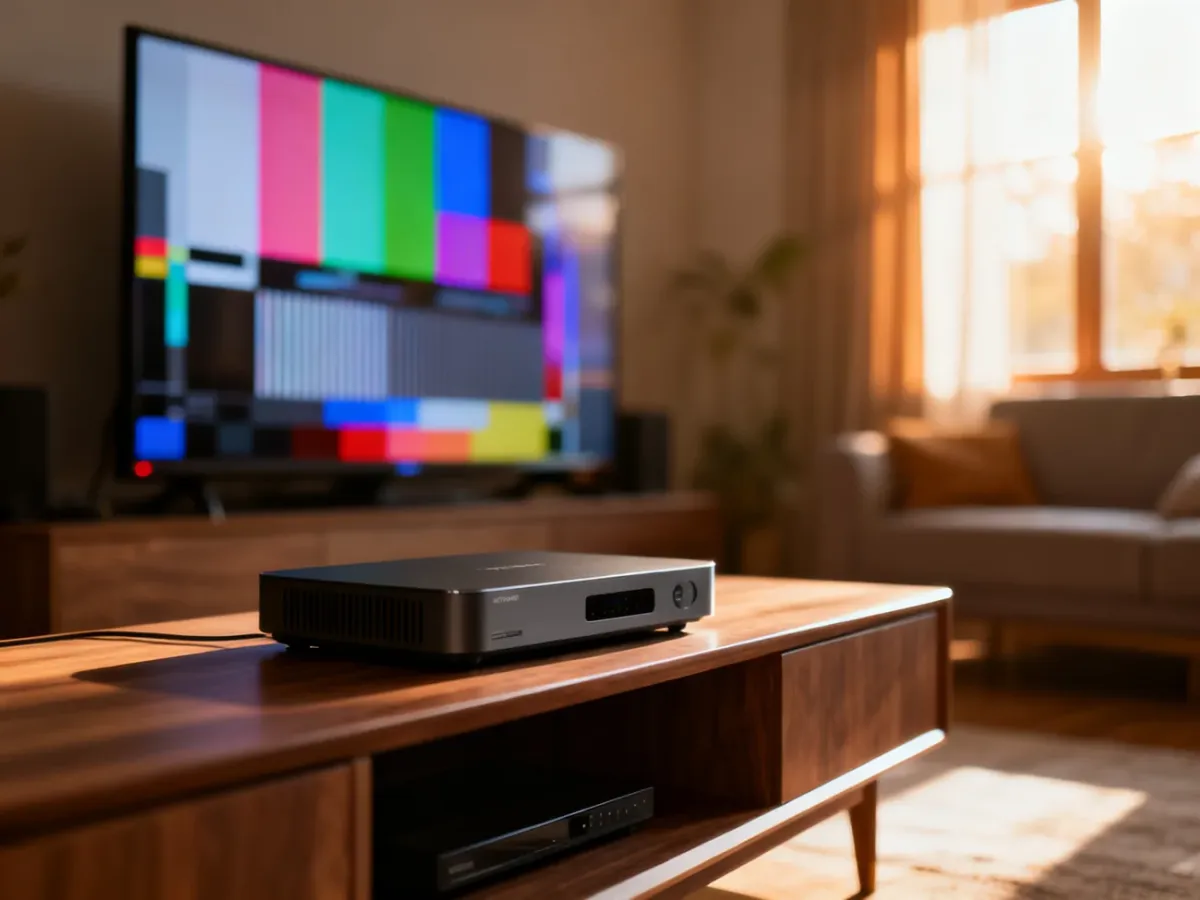 Nowoczesny dekoder DVB-T2 HEVC ustawiony na drewnianej szafce RTV w przytulnym salonie.
