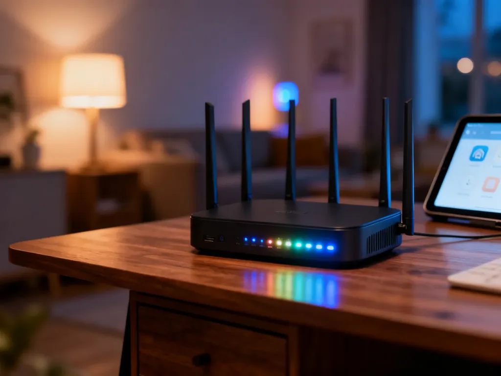Nowoczesny router z diodami LED na drewnianym biurku w tle inteligentnego domu.