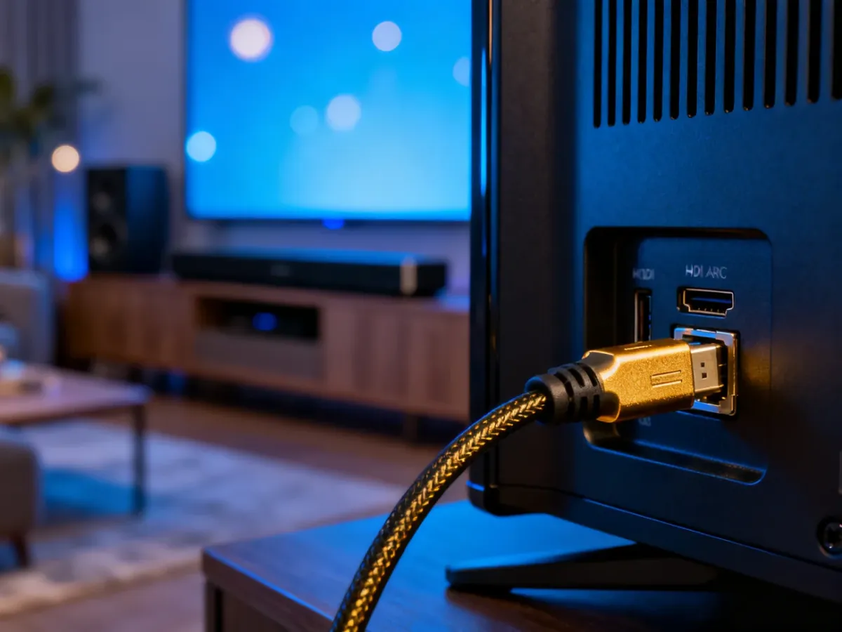 Złocony kabel HDMI podłączony do portu ARC w nowoczesnym telewizorze, z niewyraźnym soundbarem w tle.