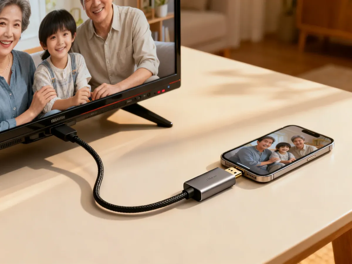 Telefon podłączony do starszego telewizora za pomocą adaptera HDMI