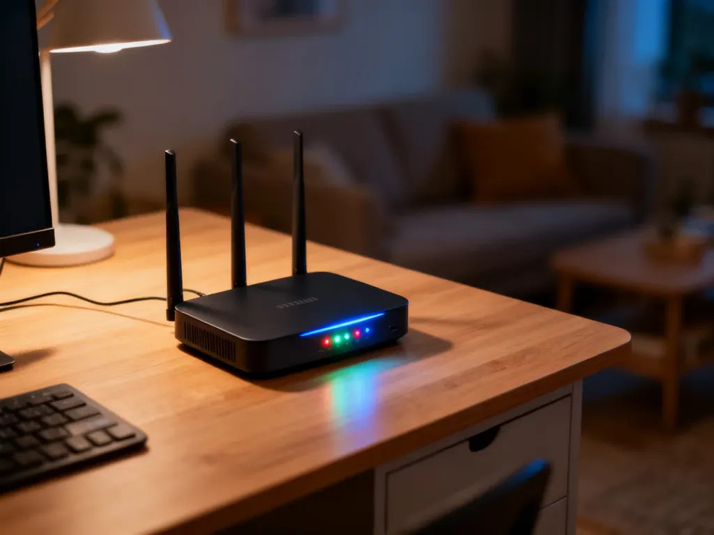 Nowoczesny router z włączonymi diodami LED na drewnianym biurku w przytulnym domowym biurze.
